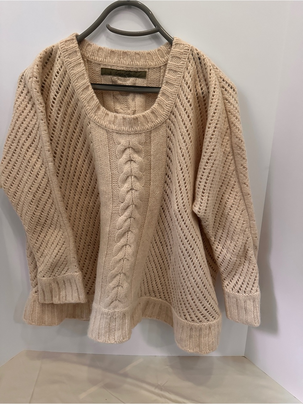 Enza Costa Cream Openwork Cable-Front Crewneck Sweater
